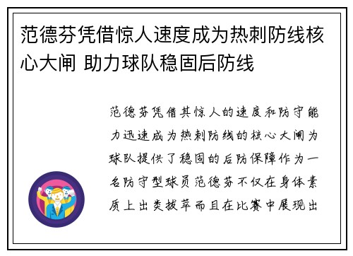 范德芬凭借惊人速度成为热刺防线核心大闸 助力球队稳固后防线 范德芬凭借惊人速度成为热刺防线核心大闸 助力球队稳固后防线